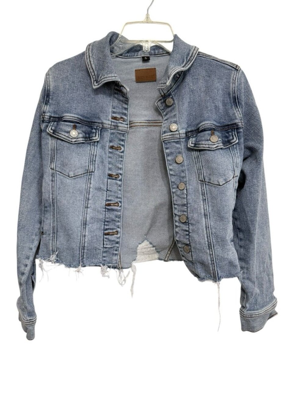 Judy Blue JB7820 MD HOWDY Cropped Distressed Raw Hem Denim Jacket Size Small - Picture 10 of 10